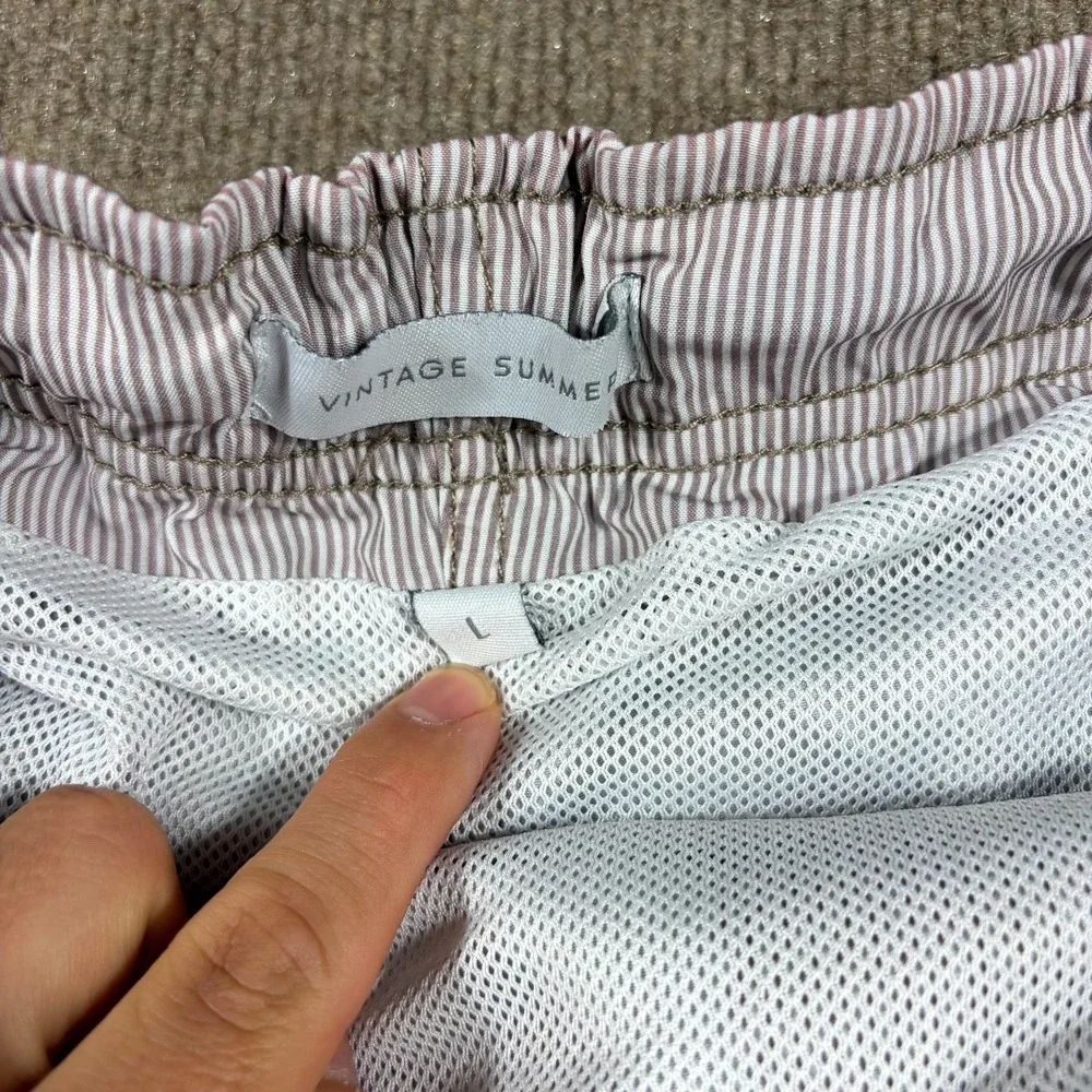 Vintage Summer Swim Shorts Mens Large White Brown Striped Seersucker Drawstring